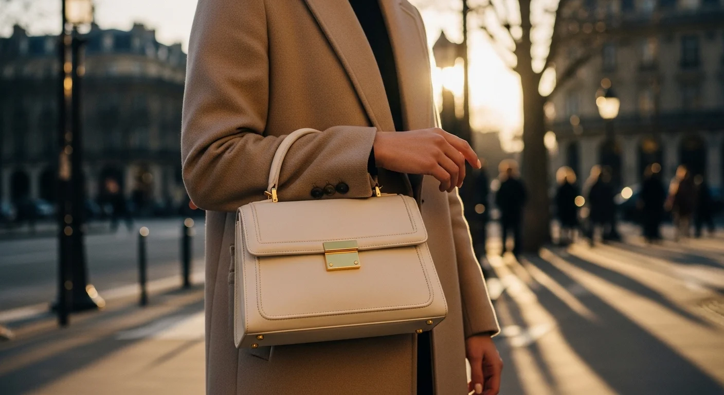 Woman carrying structured ivory leather top handle ladylike bag in the crook of her arm wearing a tailored beige coat