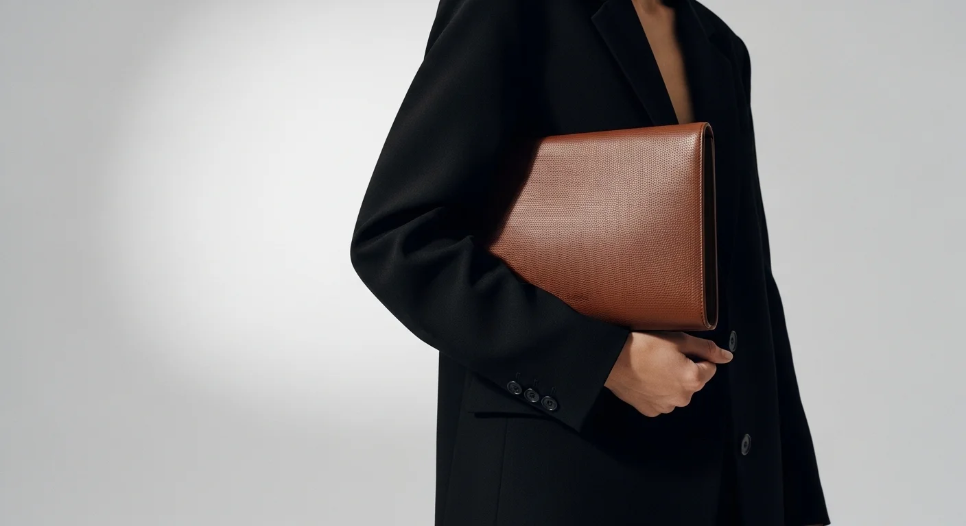 Woman holding sleek minimalist leather clutch under arm in tailored black blazer showing everyday clutch handbag trend 2026