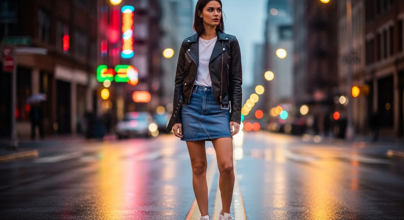 Woman in a black leather biker jacket paired with a mid wash denim mini skirt and white sneakers on a city stree