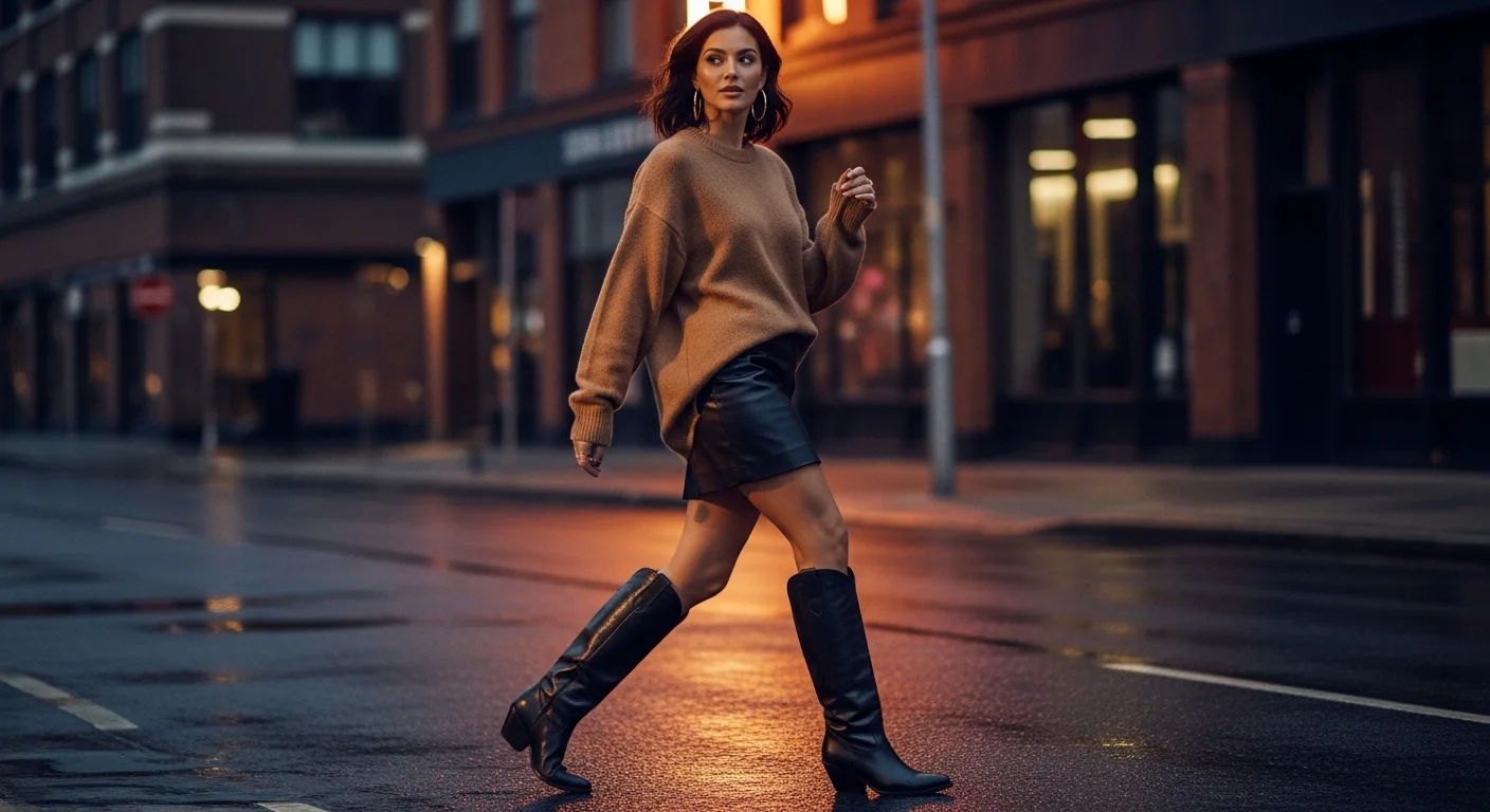 Woman in a black leather mini skirt