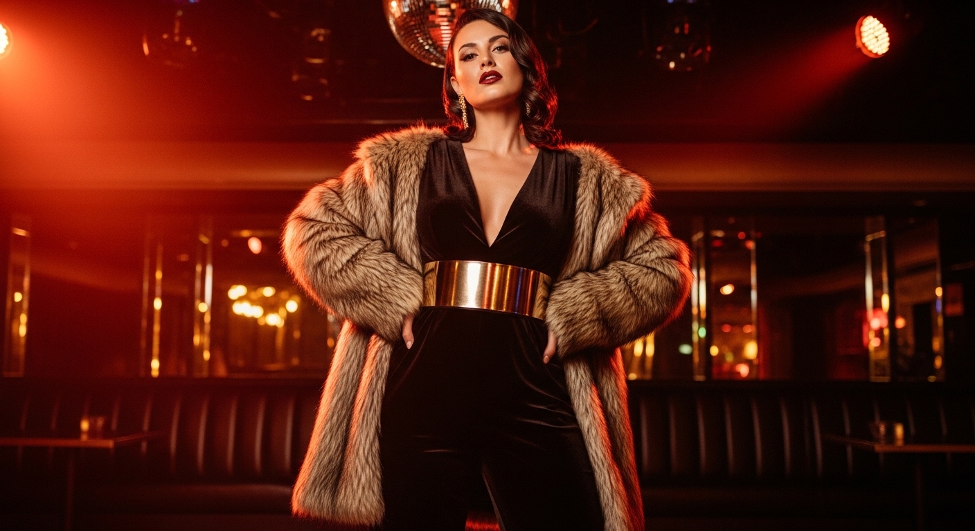 Woman in a black velvet jumpsuit with a wide gold belt and faux fur coat in a retro nightclub