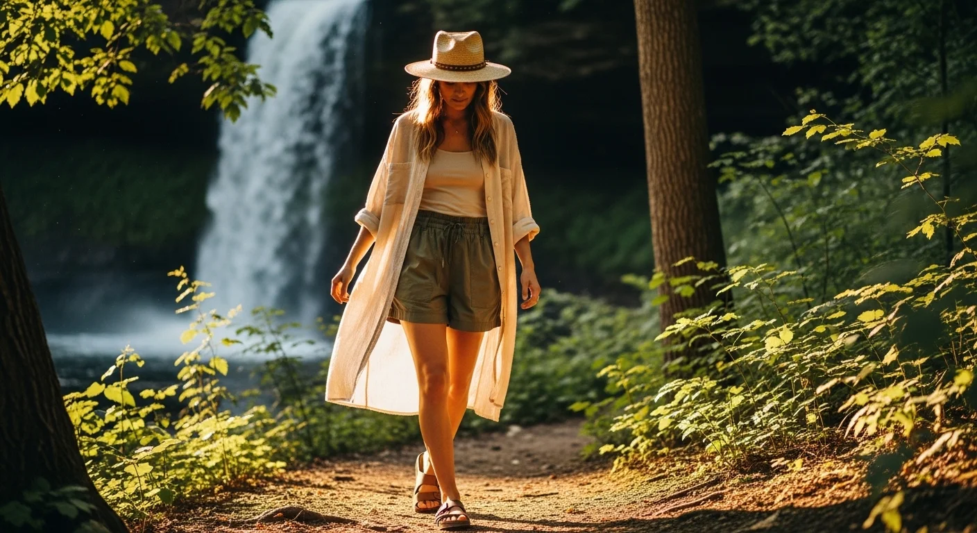 Woman in a boho chic summer hiking outfit wearing a flowy cream linen shirt, trail shorts, wide brim straw hat, and leather sandals on a woodland trail near a waterfall