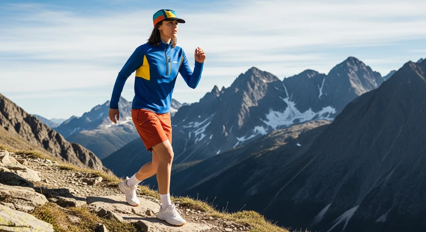 Woman in a bold color block summer hiking outfit with a cobalt blue top and burnt orange shorts hiking uphill on a rocky mountain trail with a dramatic skyline behind her