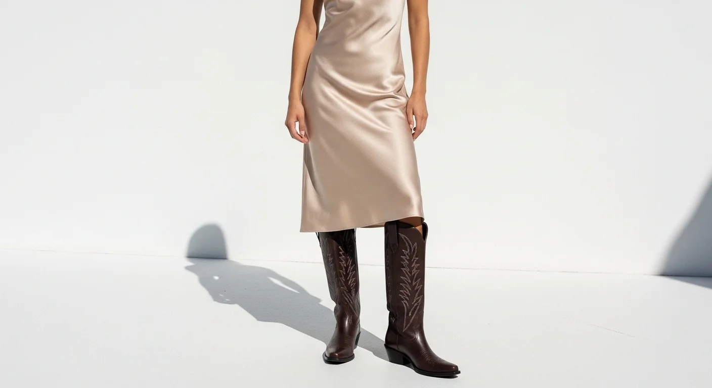 Woman in a champagne satin slip dress and tall dark brown cowboy boots against a white background, editorial fashion shot