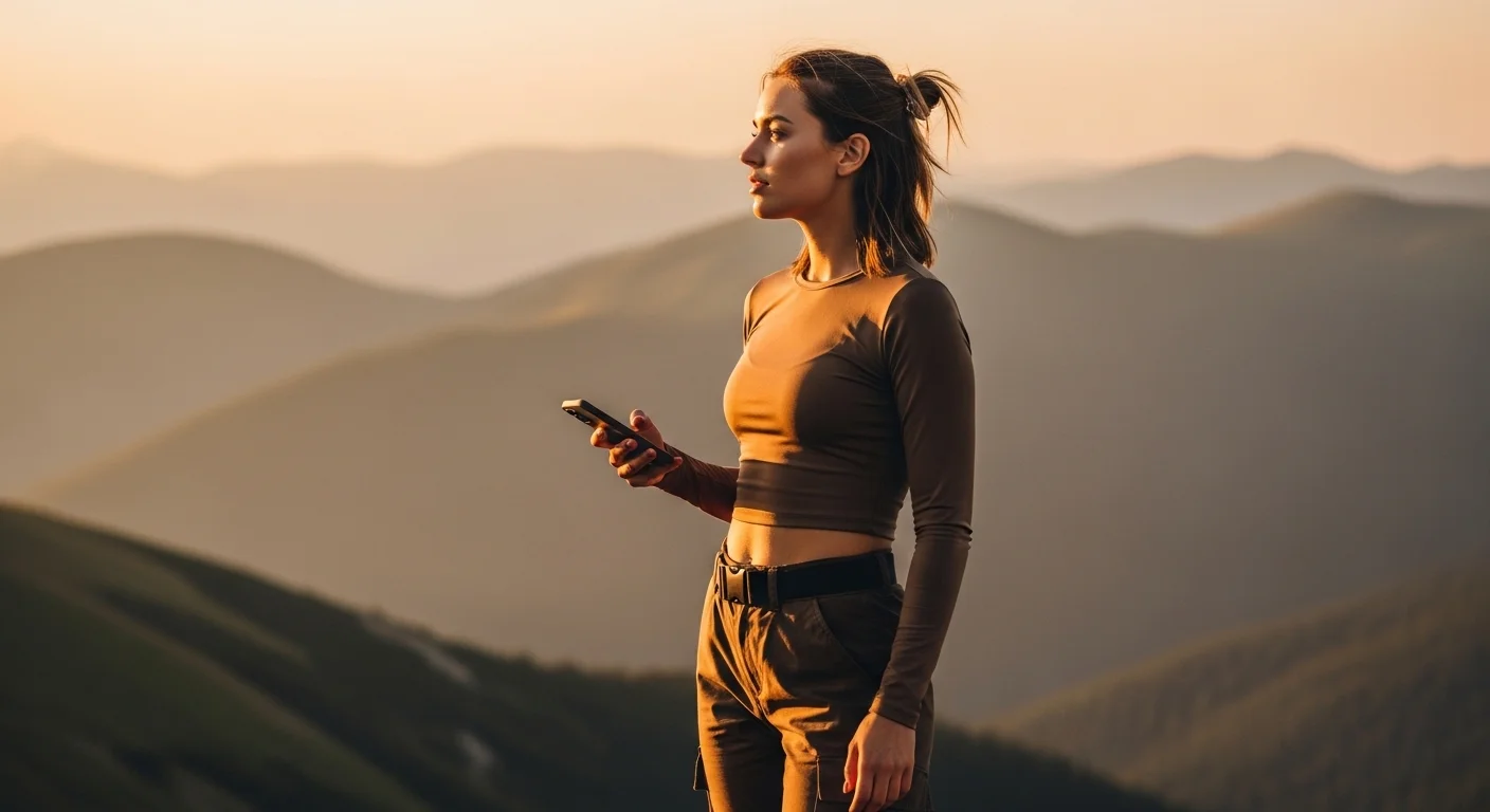 Woman in a coordinated viral summer hiking outfit with earth tone cargo pants and moisture wicking crop top standing at a mountain overlook during golden hou