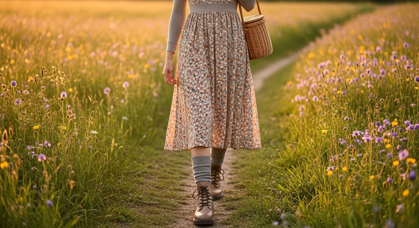 Woman in a cottagecore summer hiking outfit wearing a flowy floral midi dress layered over a base layer with lace up hiking boots and wool socks walking through a wildflower meadow