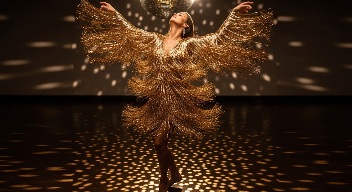 Woman in a gold fringe dress with cascading fringe in motion under disco ball lighting