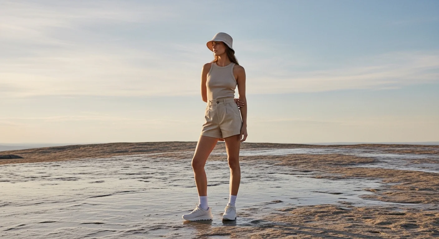 Woman in a minimalist soft toned summer hiking outfit wearing an oatmeal ribbed tank, sand colored hiking shorts, white trail runners, and a cream bucket hat on a stone plateau