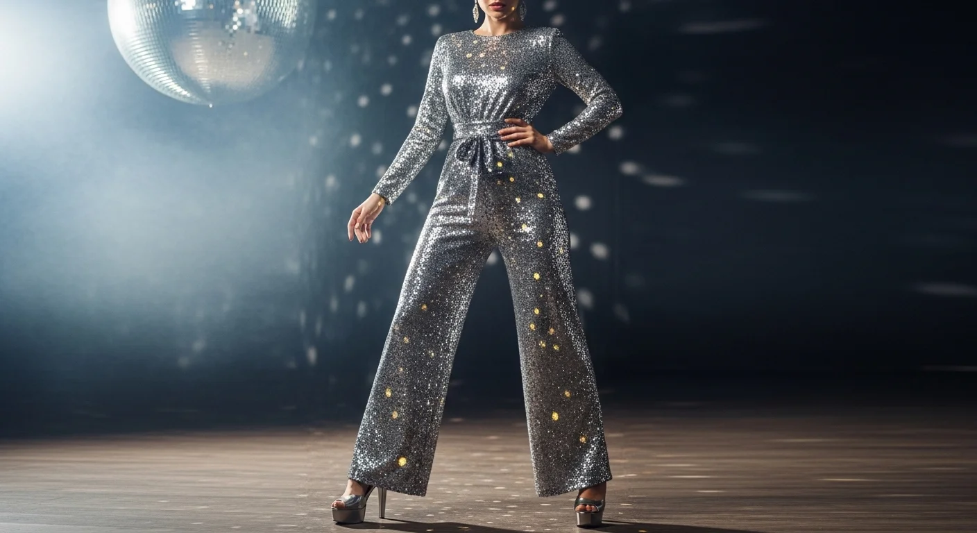 Woman in a silver sequin jumpsuit with platform heels on a disco dance floor