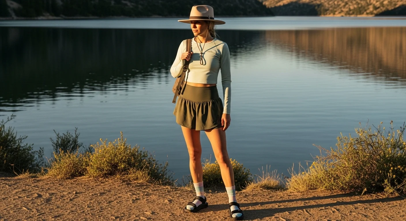 Woman in a sporty feminine summer hiking outfit wearing a pale mint cropped top, olive flowy shorts, Teva sandals with crew socks, and a beige wide brim hat by a lakeside trail
