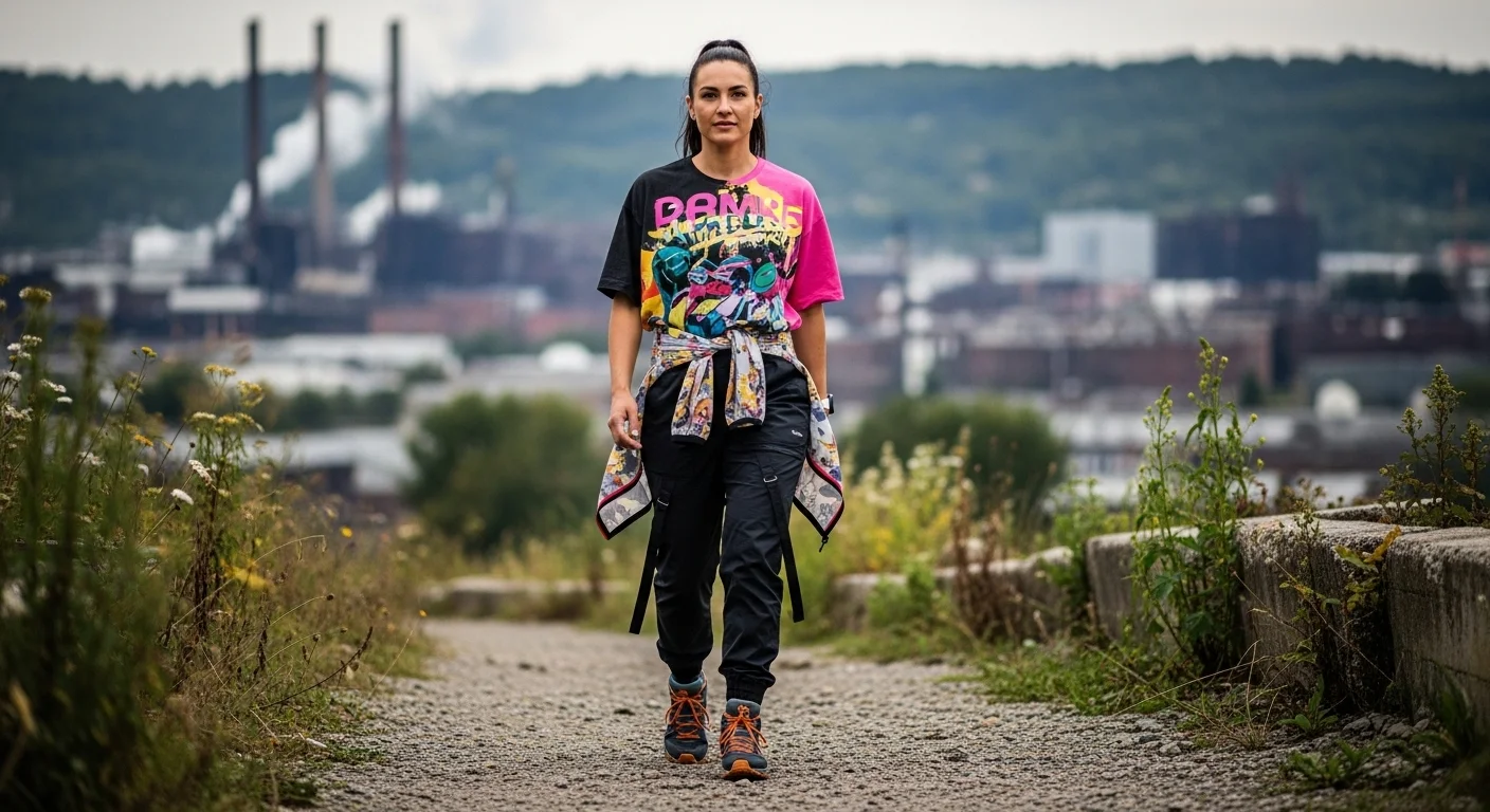 Woman in a streetwear inspired summer hiking outfit wearing an oversized graphic tee, dark utility joggers, and high top trail runners on an urban edge trail blending into nature