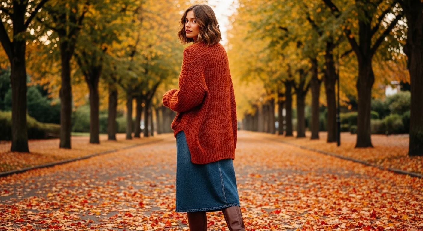Woman in an ivory satin blouse tucked into a dark wash denim pencil skirt with strappy heeled sandals