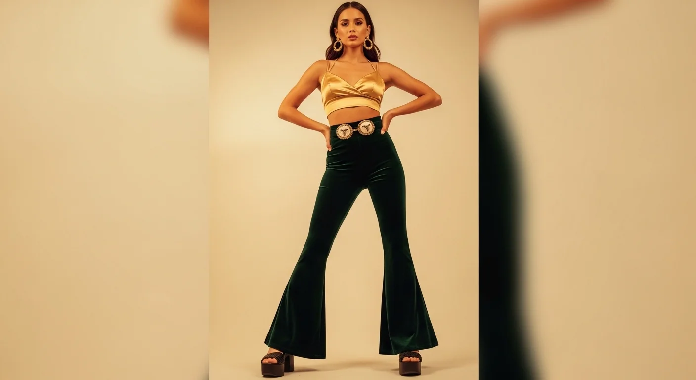 Woman in emerald green high waisted velvet flared pants and a gold satin crop top with platform sandals
