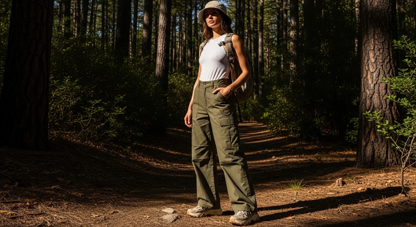 Woman in gorpcore summer hiking outfit wearing wide leg olive cargo pants and white moisture wicking tank top at a forest trailhead with dappled sunlight