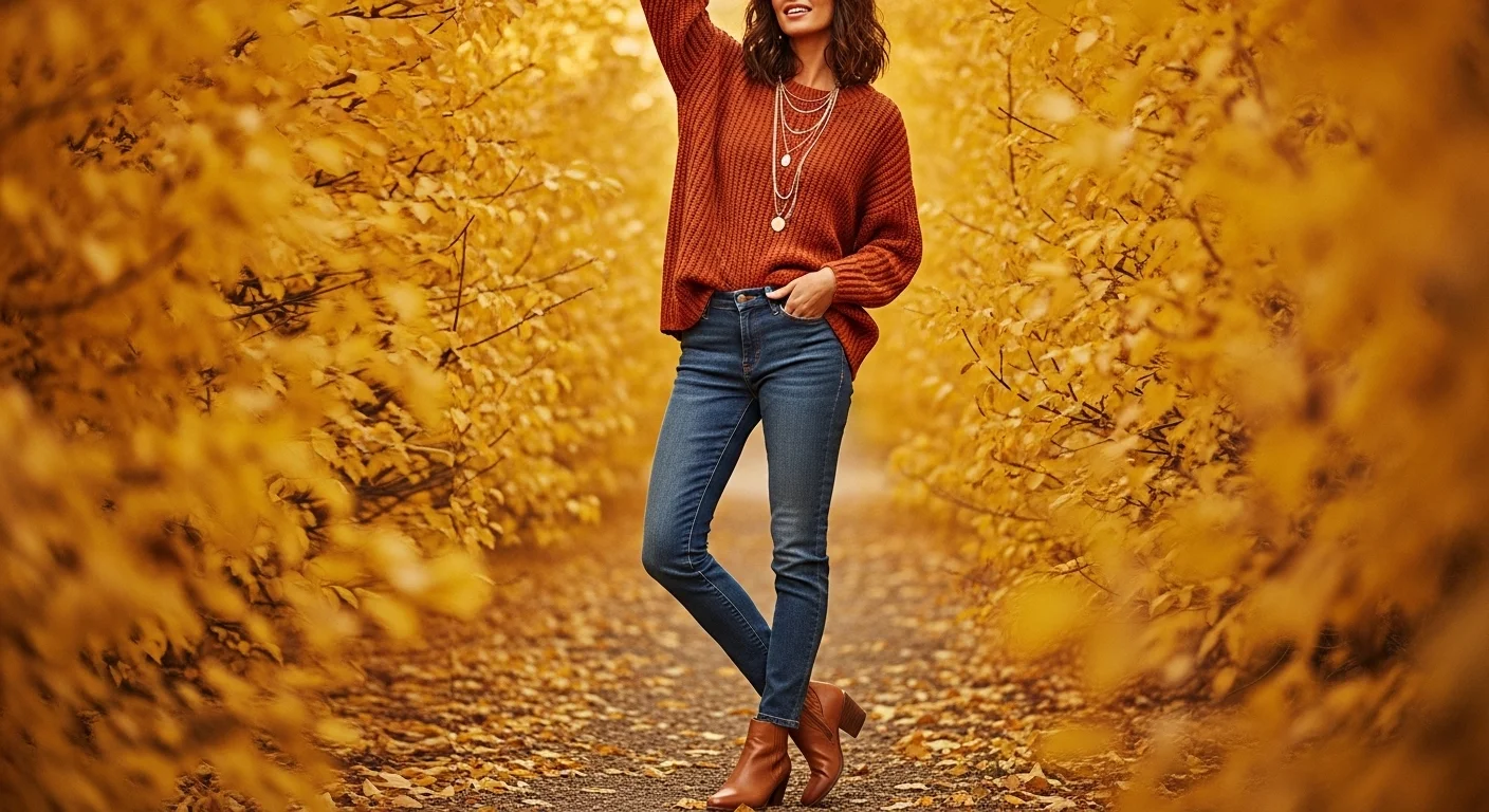 Woman pairing dark blue jeans with an oversized rust knit sweater, camel ankle boots, and layered gold necklaces in an autumn outdoor setting