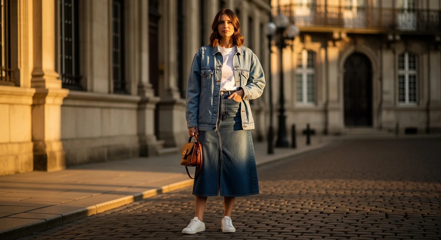 Woman styled in double denim with a light wash denim jacket and contrasting dark wash denim midi skir