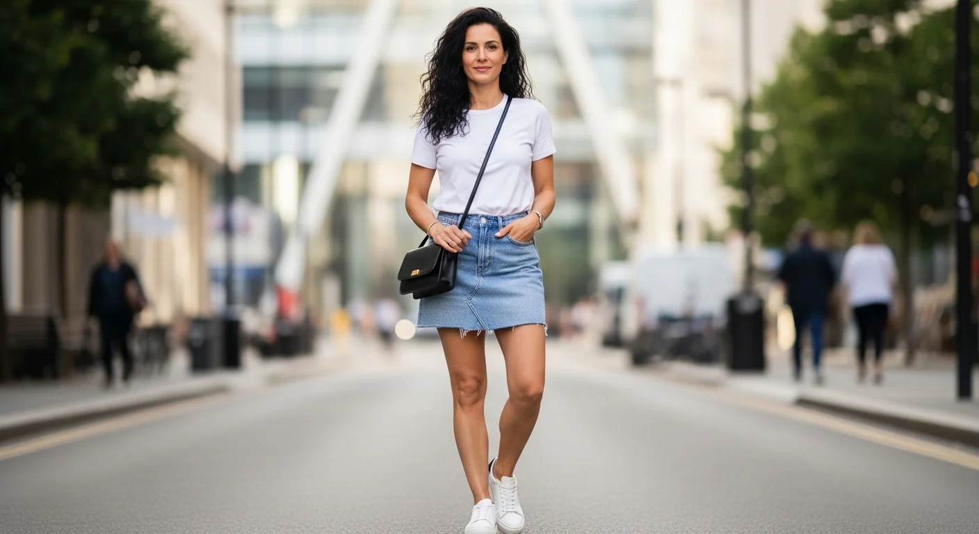 Woman styling a light wash denim skirt with a white tee and white sneakers for a casual everyday look