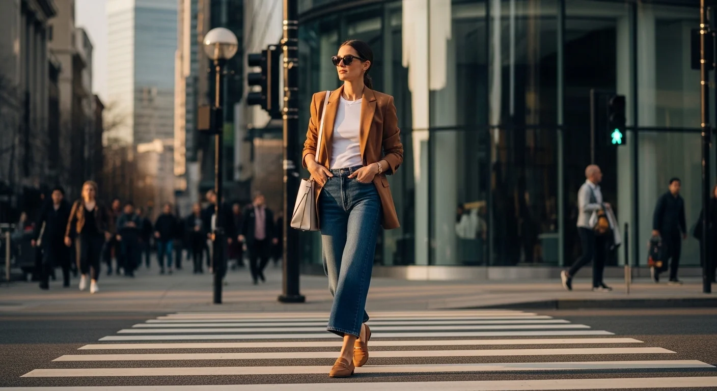 Woman styling dark blue jeans with a camel blazer, white tee, and tan leather loafers for a smart casual office ready outfit