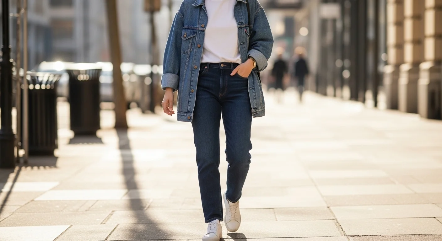 Woman styling dark blue jeans with a light wash denim jacket and white sneakers for a cool Canadian tuxedo denim on denim look