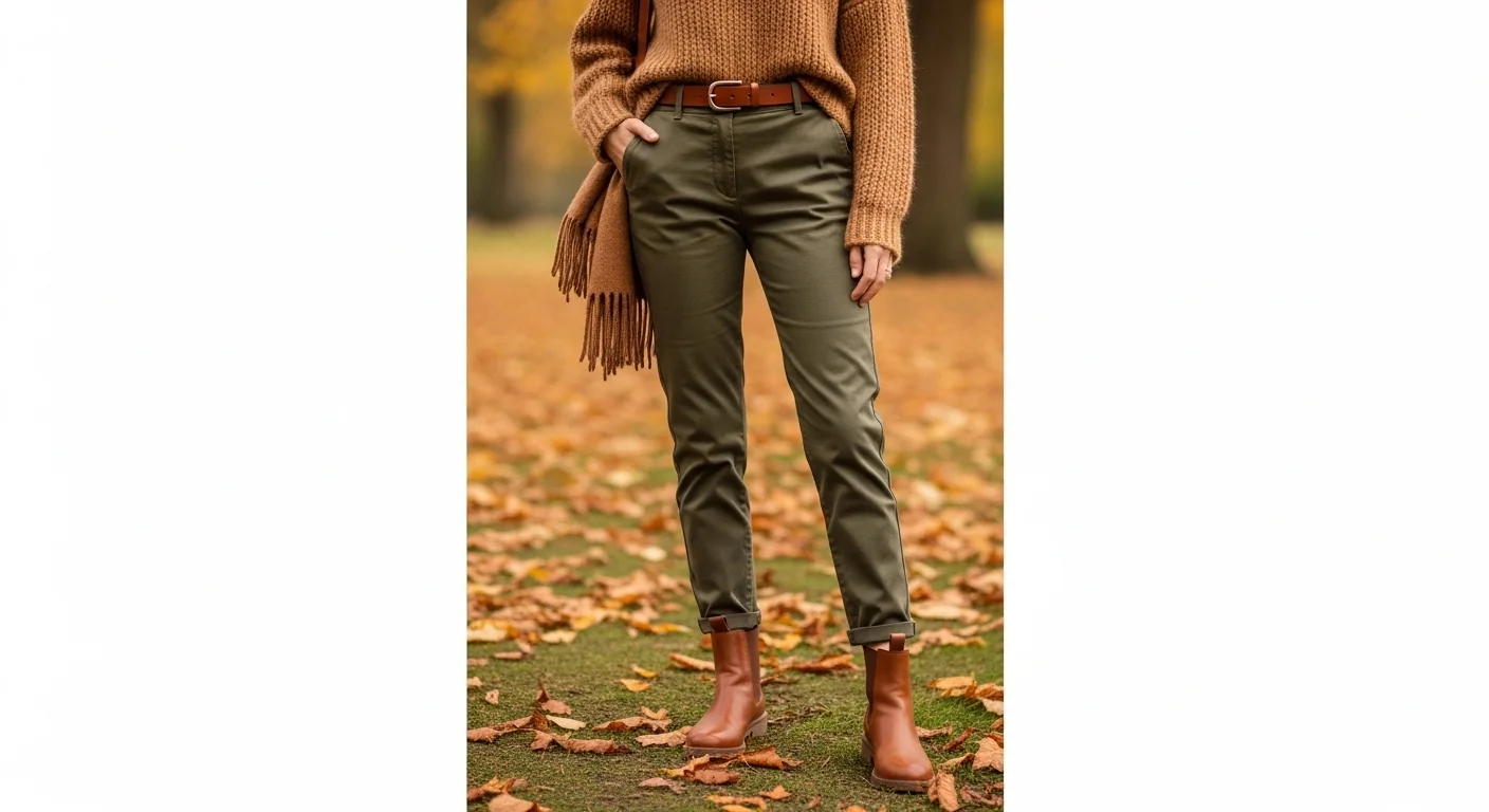 Woman styling olive green pants with a camel knit sweater and cognac brown leather boots in autumn