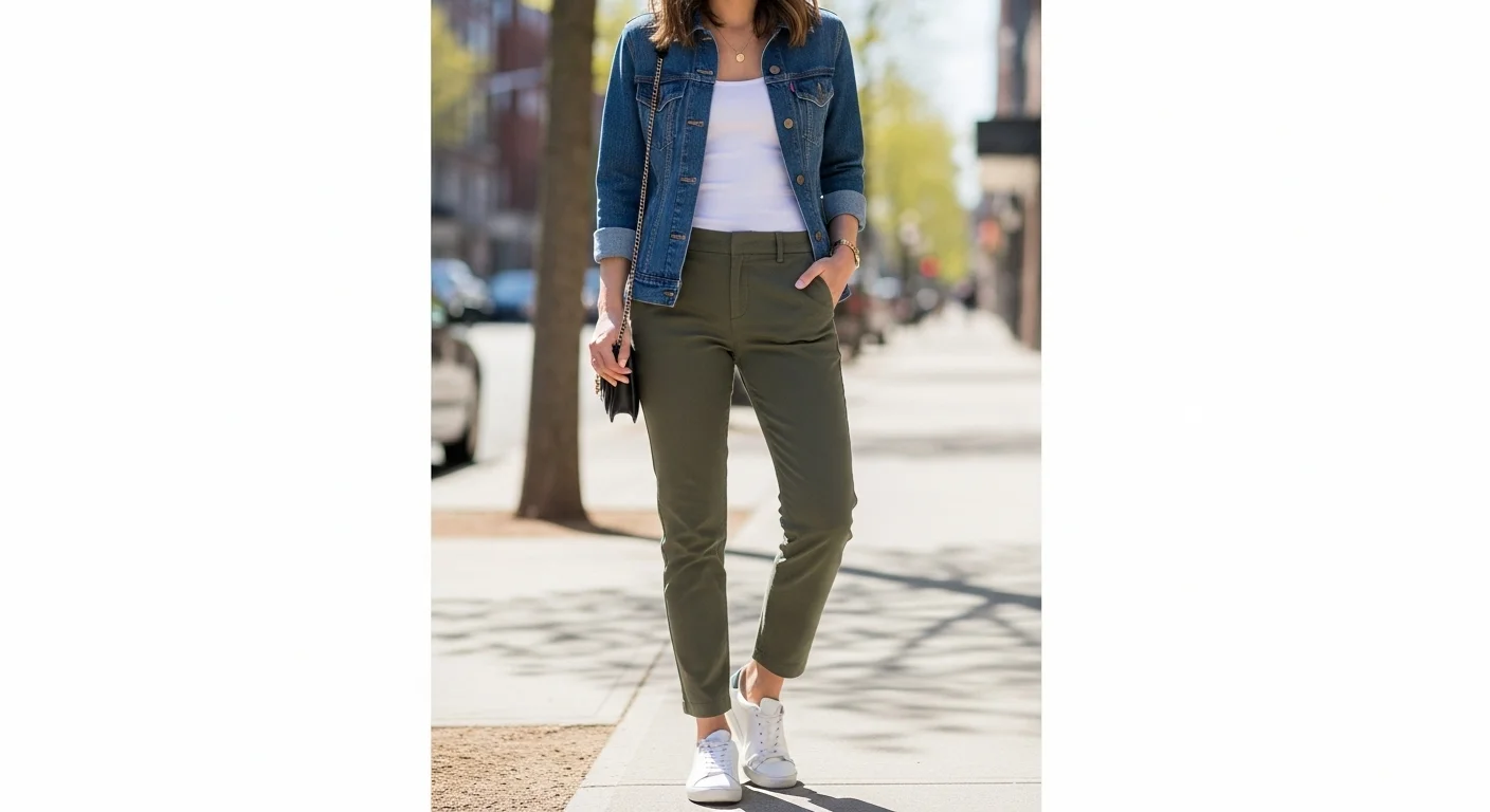 Woman styling olive green pants with a denim jacket white tank and white sneakers