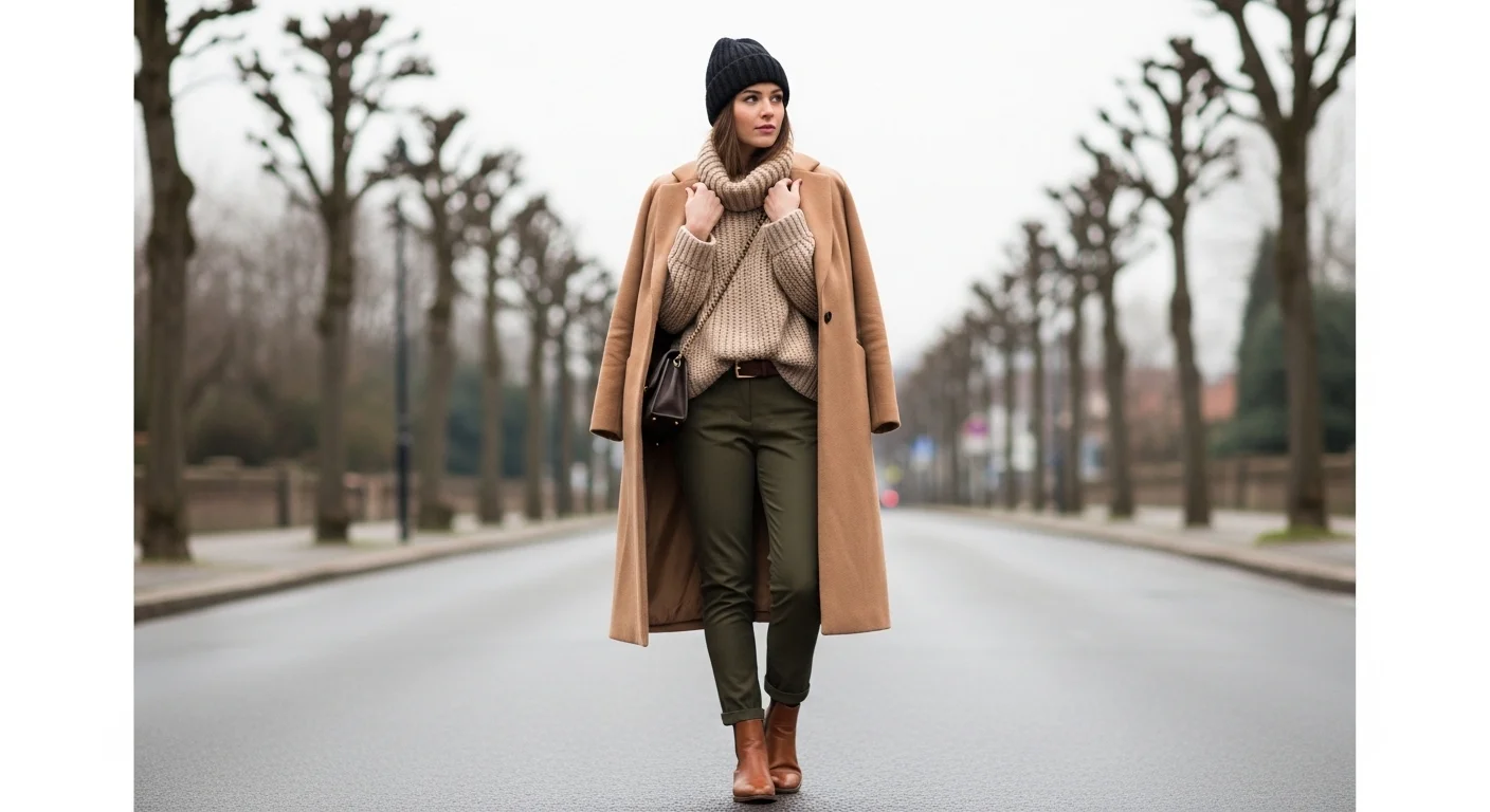 Woman styling olive green pants with an oatmeal chunky turtleneck brown boots and camel overcoat in winte