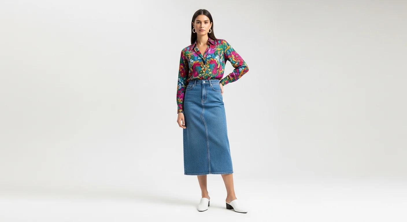 Woman wearing a bold printed statement blouse tucked into a mid wash denim midi skirt with gold hoop earrings