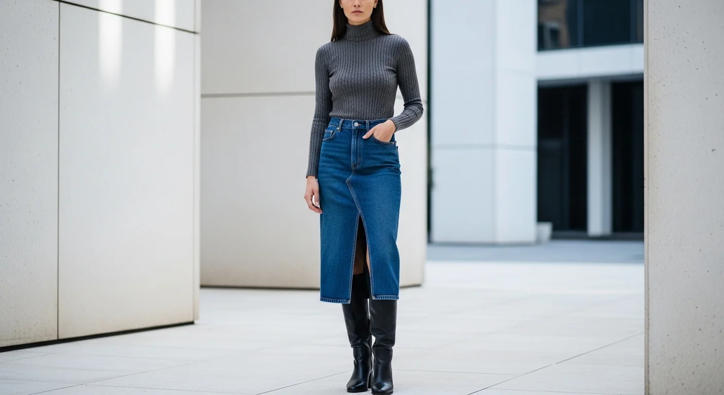 Woman wearing a dark wash denim midi skirt with a front slit and slim knee high black leather boots