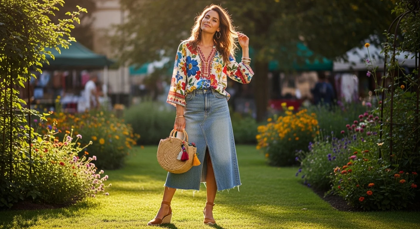 Woman wearing a floral blouse with a wash denim midi skirt espadrille sandals and a woven tote bag