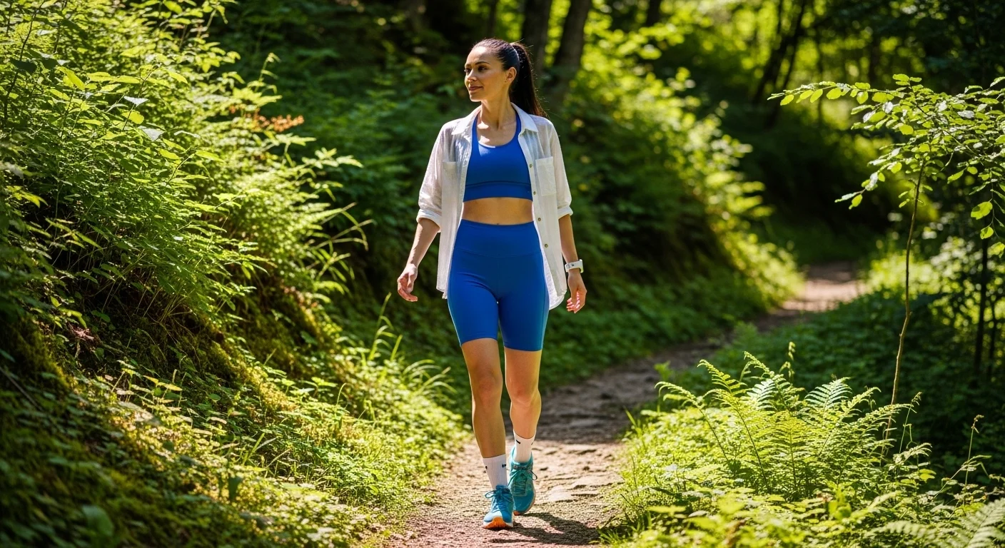 Woman wearing a matching cobalt blue sports bra and biker shorts hiking set with a sheer layered sun shirt on a lush green mountain trail in summer