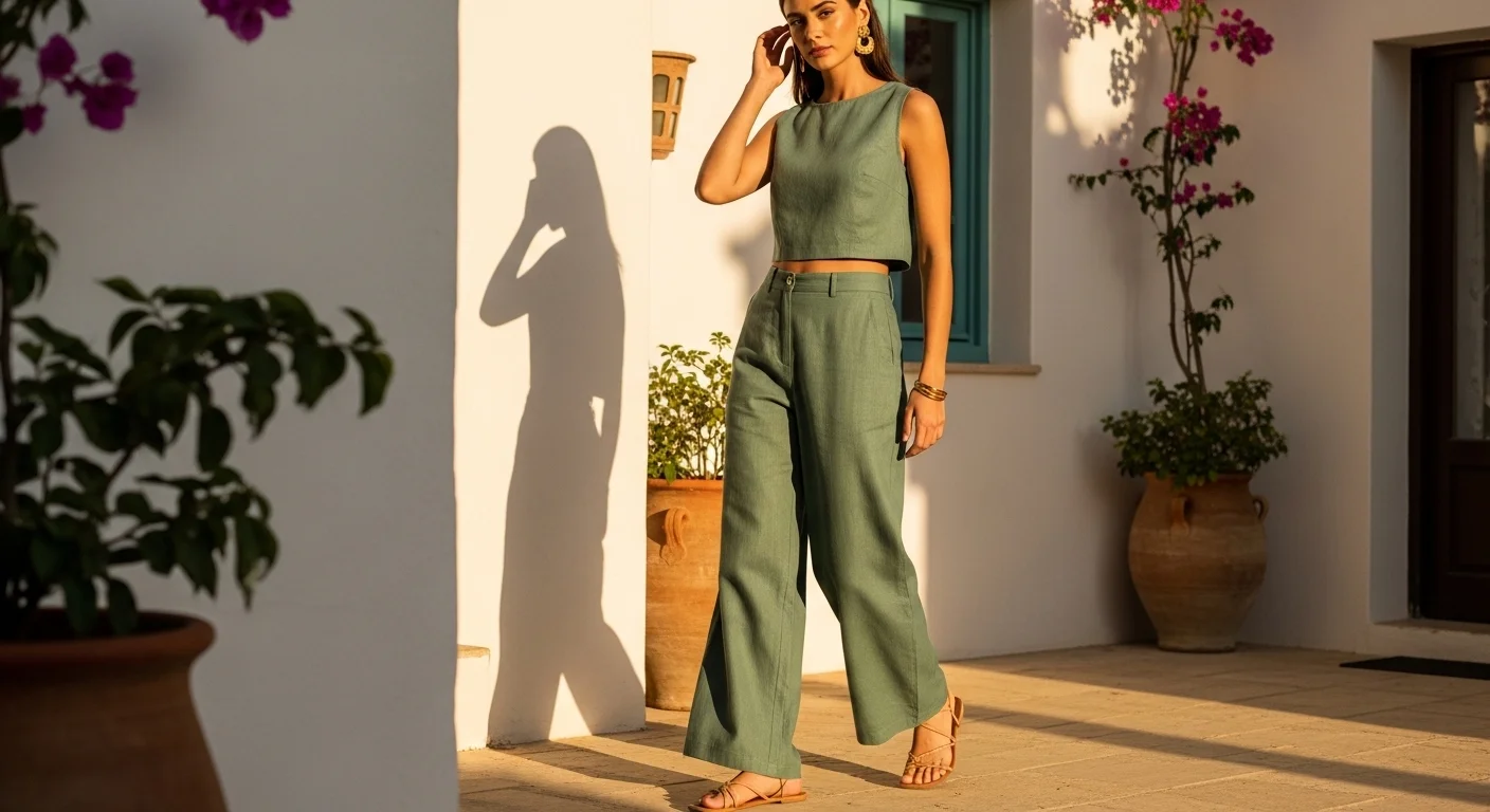 Woman wearing a matching sage green linen palazzo pants co ord set with strappy sandals and gold hoop earrings for an effortless resort wear look