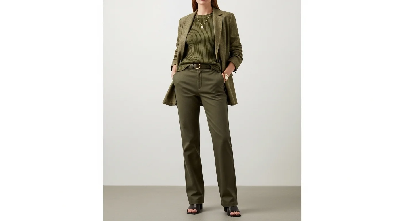 Woman wearing a monochromatic olive green outfit with different textures of pants top and blaze