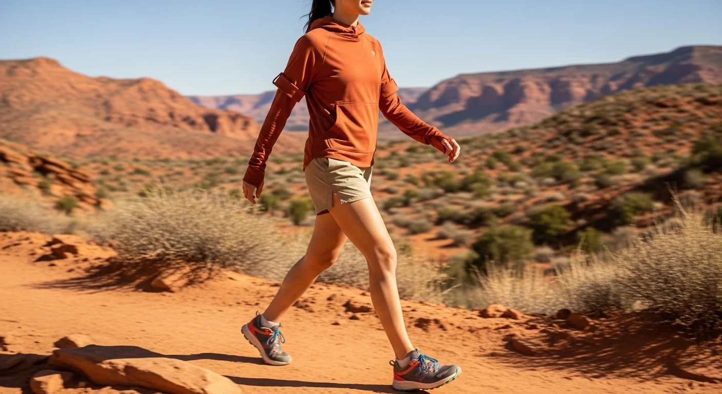 Woman wearing a rust colored UPF sun hoodie and khaki quick dry shorts hiking on a sun drenched desert trail with red rock canyon in the background
