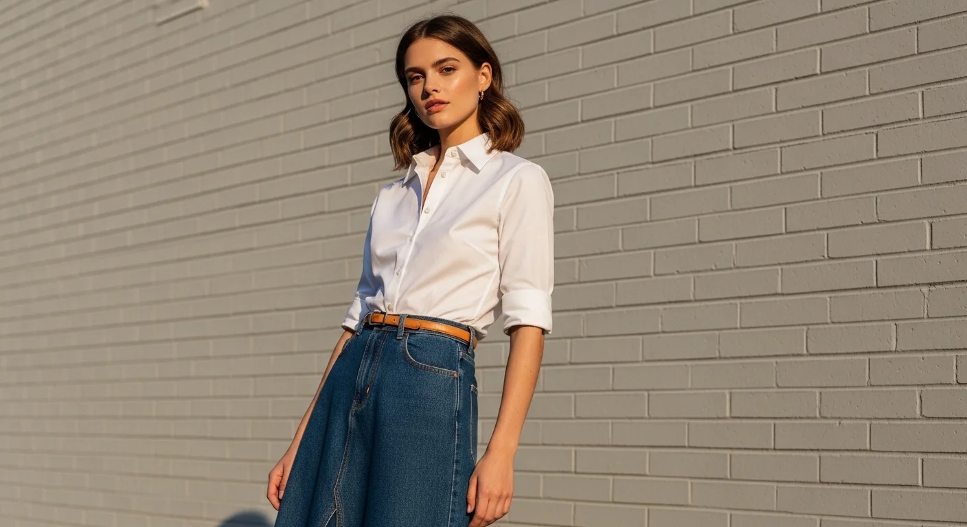 Woman wearing a white button down shirt tucked into a dark wash denim midi skirt with a slim leather belt