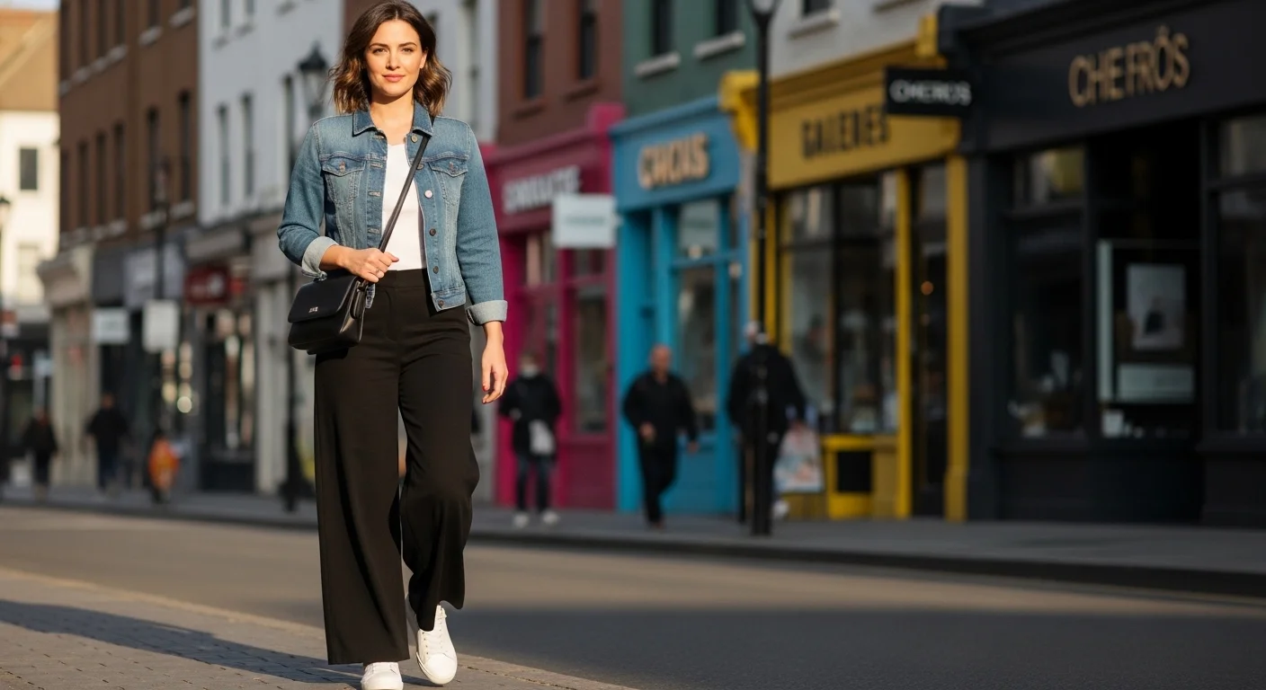 Woman wearing black palazzo pants with a fitted denim jacket, white tee, and white sneakers for a cool and relaxed casual street style outfit