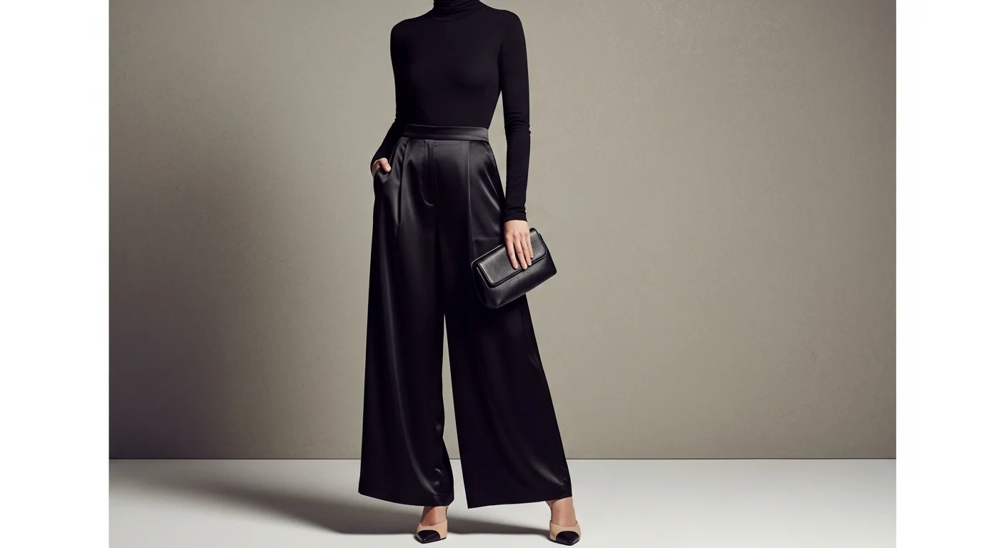 Woman wearing black palazzo pants with a slim fitted black turtleneck and pointed toe nude mules for a sophisticated and elegant evening ready outfit