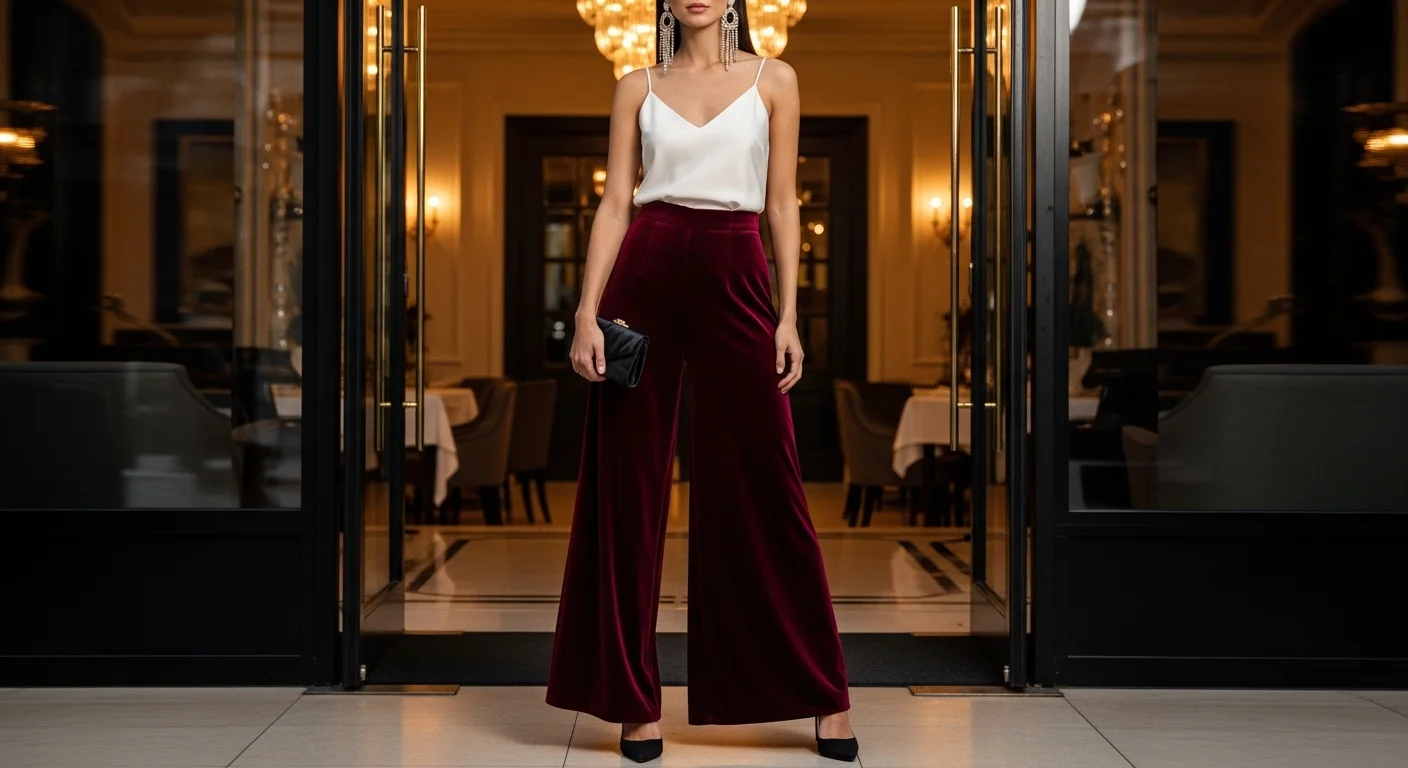 Woman wearing burgundy velvet palazzo pants with an ivory silk camisole, pointed toe stilettos, and chandelier gold earrings for a glamorous and sophisticated evening night out look