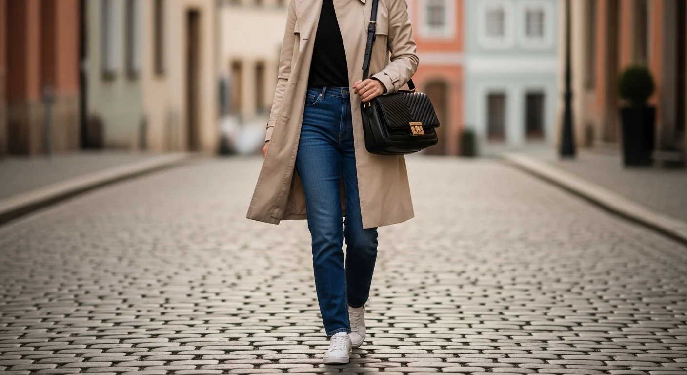 Woman wearing dark blue jeans under a classic beige trench coat with white sneakers and a leather shoulder bag on a cobblestone street