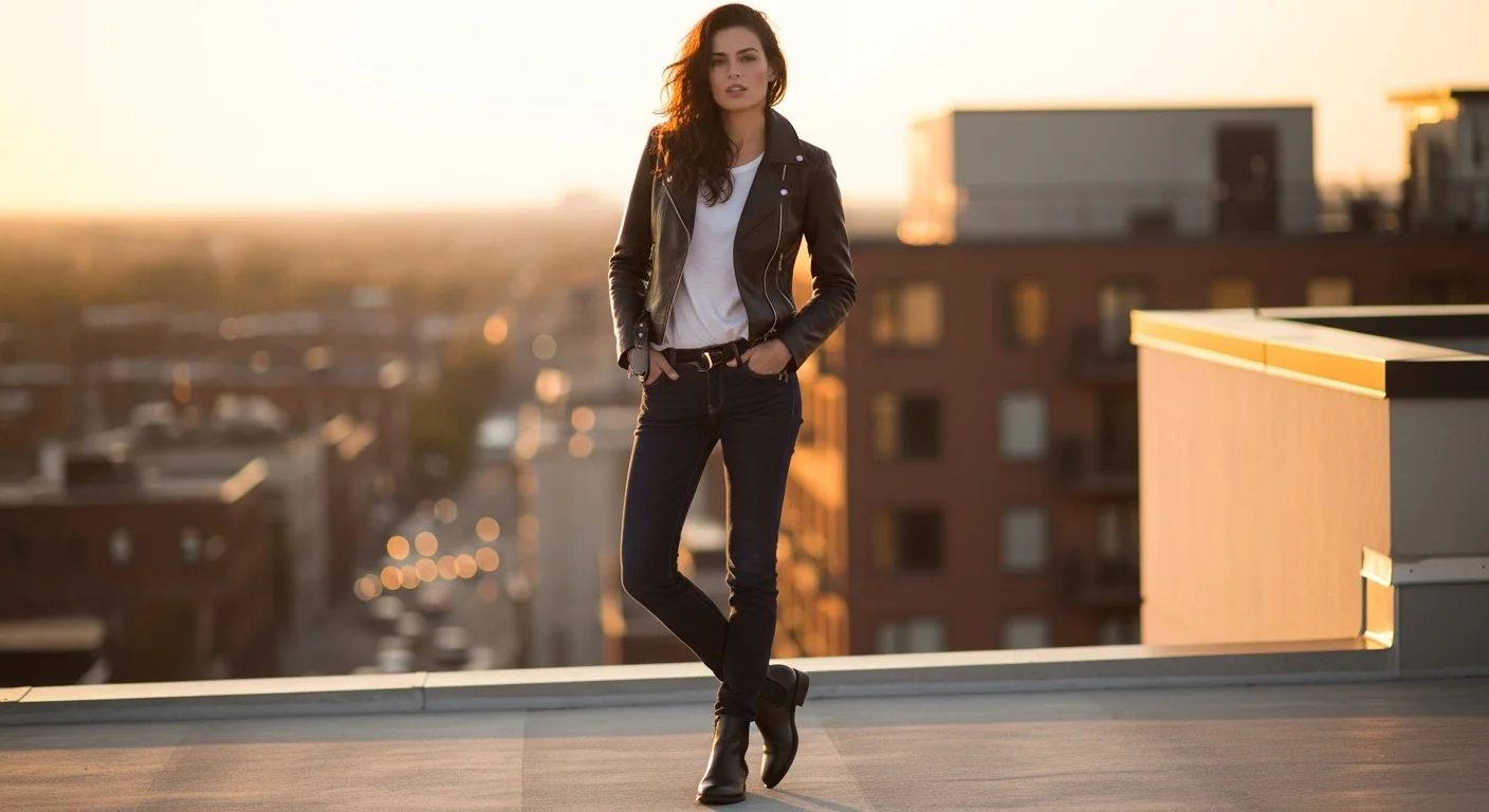 Woman wearing dark blue jeans with a black leather jacket, white tee, and Chelsea boots for an edgy street style outfit on a city rooftop