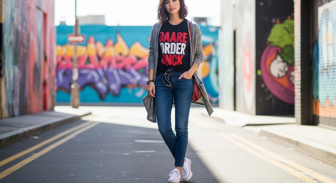 Woman wearing dark blue jeans with a bold graphic tee, grey open cardigan, and white canvas sneakers for a relaxed casual street style look
