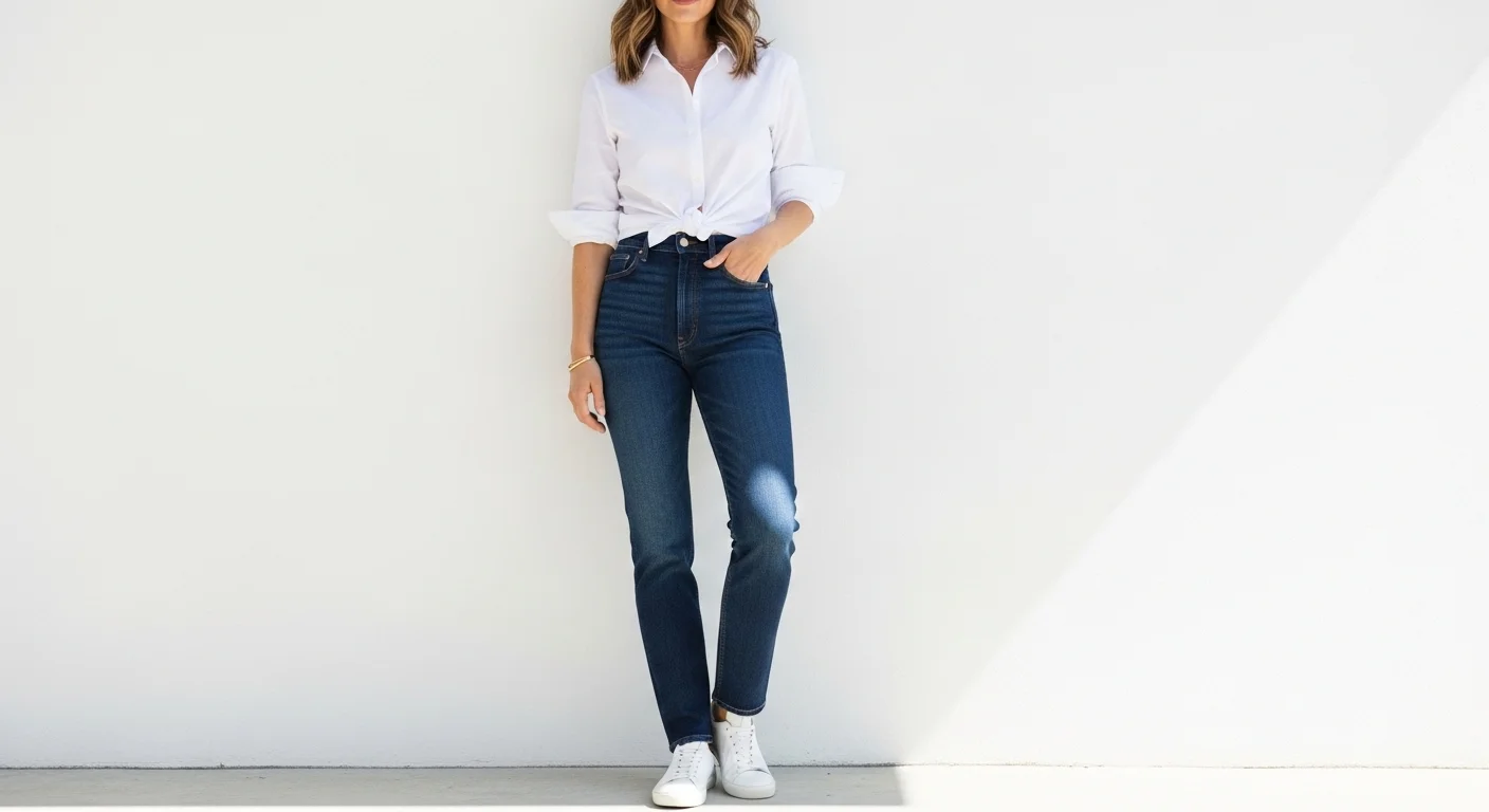 Woman wearing dark blue jeans with a white button down shirt tucked in, styled with white leather sneakers and gold bracelet for a clean casual look