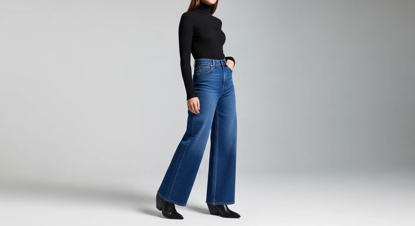Woman wearing dark indigo wide leg jeans with a slim fitted black ribbed turtleneck and pointed toe ankle boots for a modern and balanced silhouette outfit