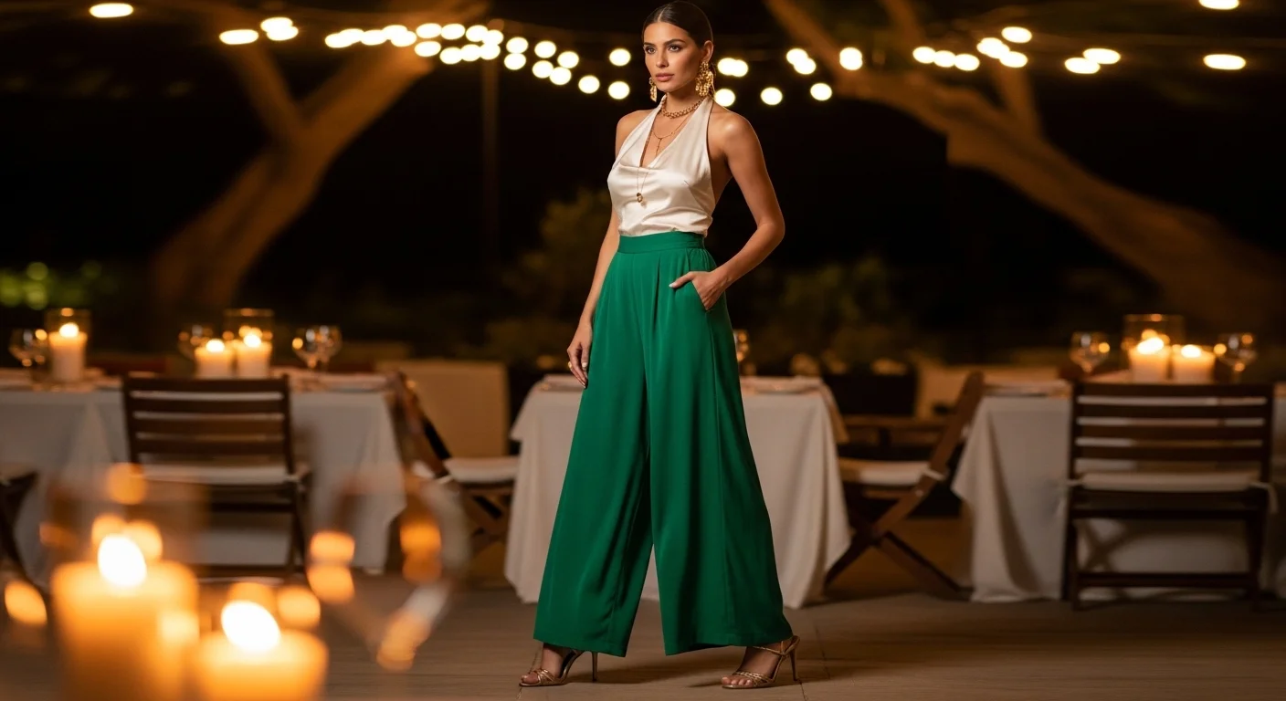 Woman wearing emerald green palazzo pants with an ivory satin halter neck top, gold statement earrings, and strappy gold heels for an elegant evening dinner outfit