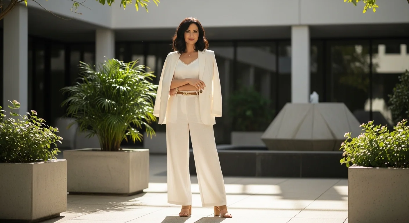 Woman wearing ivory linen palazzo pants with a matching linen blazer, white camisole, and heeled sandals for a polished business casual office ready outfit