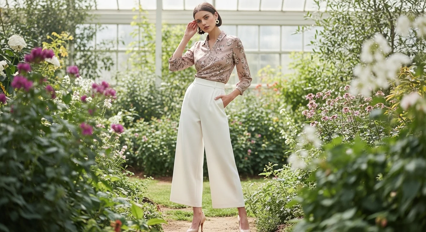 Woman wearing ivory palazzo pants with a muted blush floral blouse tucked in, nude kitten heels, and gold studs for a feminine and polished garden brunch outfit