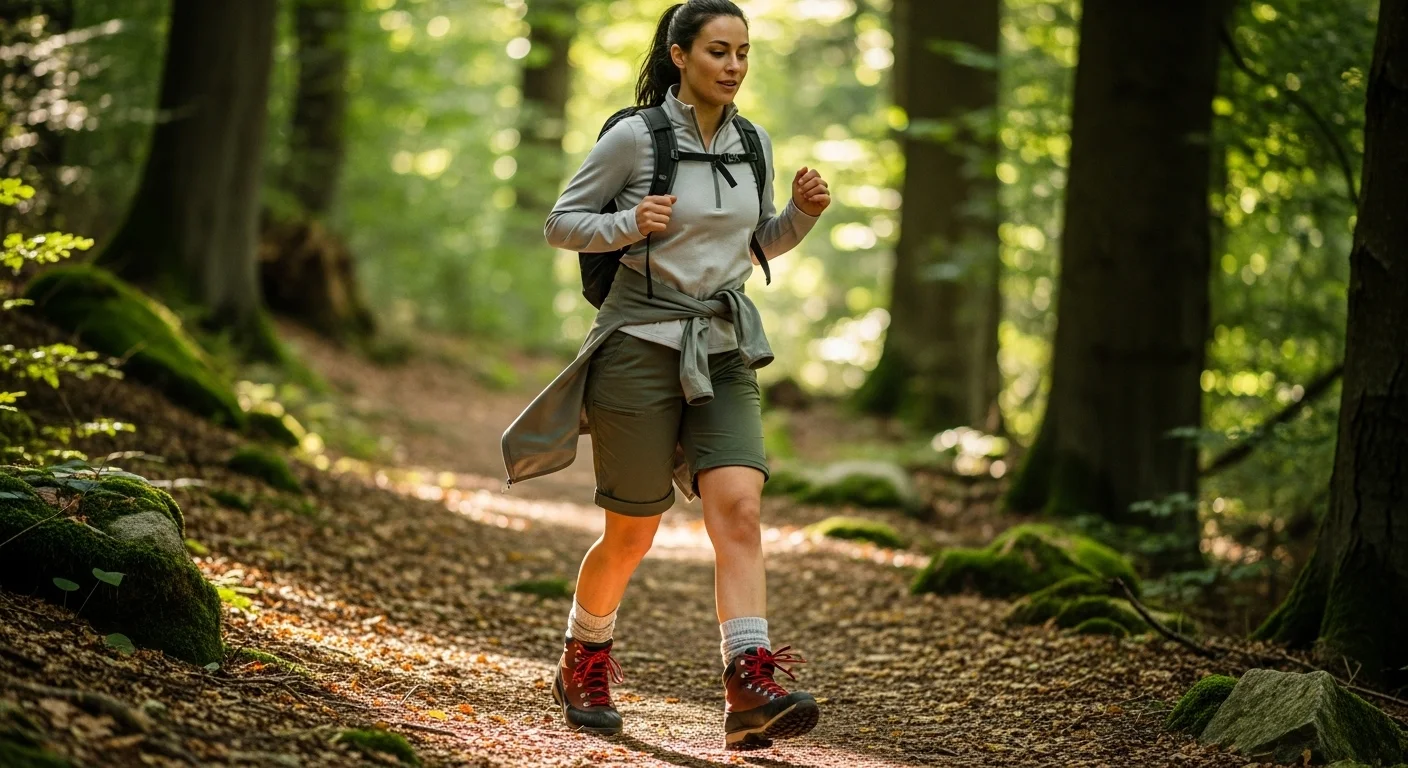 Woman wearing olive convertible zip off hiking pants with one leg zipped to shorts and a performance half zip tied at the waist on a summer forest trail