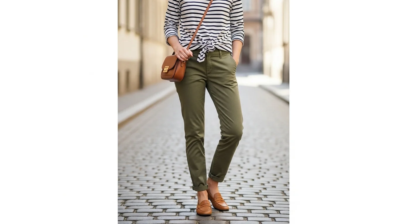 Woman wearing olive green pants with a black and white striped Breton top and tan loafers