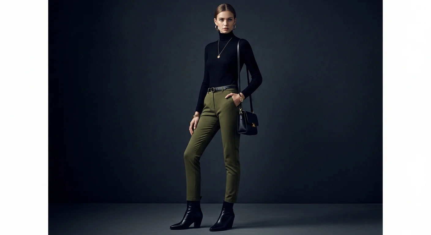 Woman wearing olive green pants with a black turtleneck and black ankle boots for a sleek look