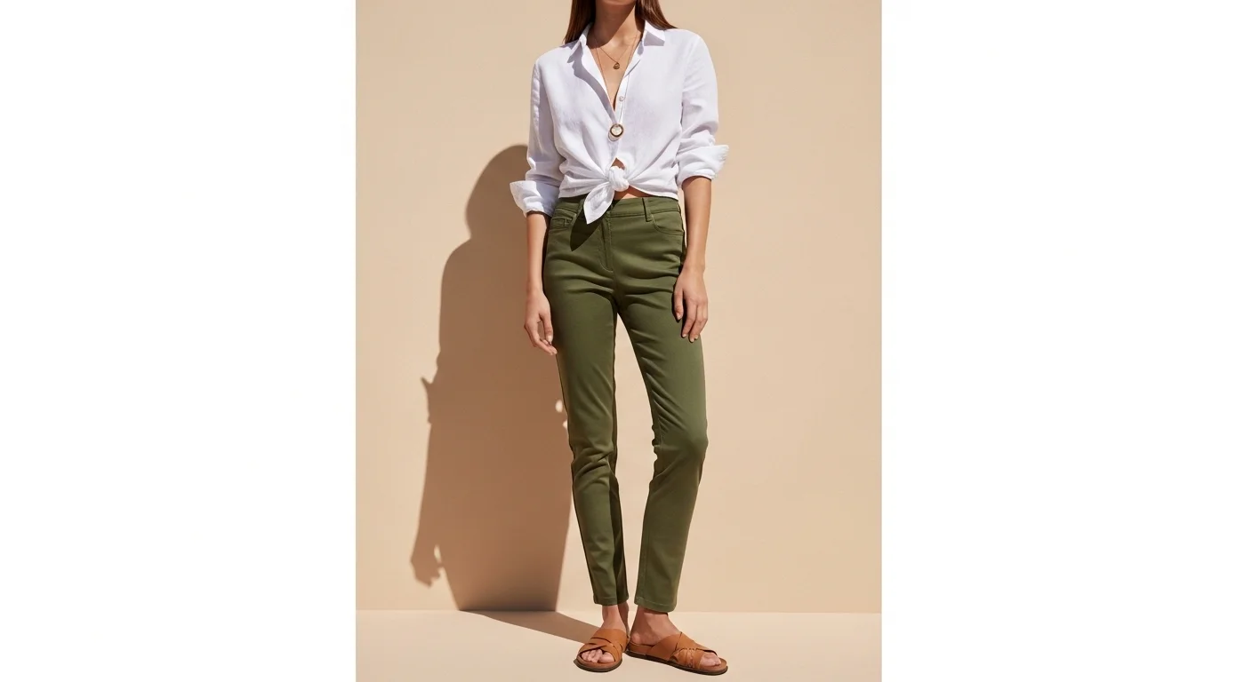 Woman wearing olive green pants with a crisp white button down shirt and tan sandals