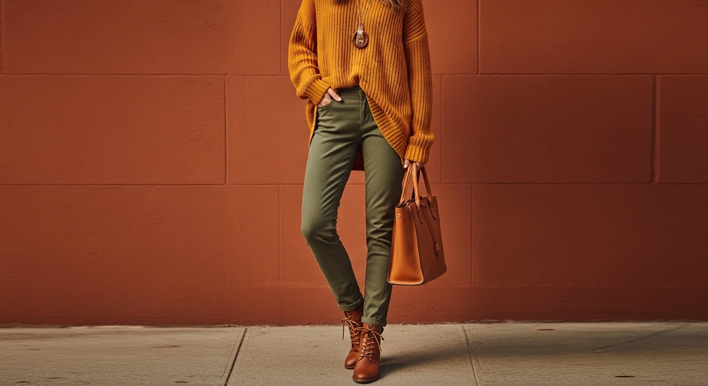 Woman wearing olive green pants with a mustard yellow oversized sweater and brown ankle boots